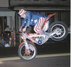Me doing a nose wheelie, riding in a parade dressed as Uncle Sam