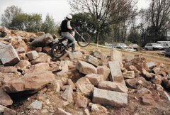 Riding my OSSA trials bike in a local German Trials event 1988.